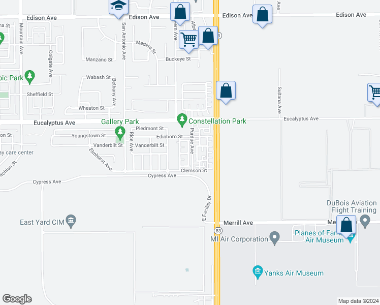 map of restaurants, bars, coffee shops, grocery stores, and more near 14572 Purdue Avenue in Chino