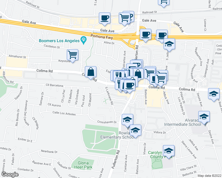 map of restaurants, bars, coffee shops, grocery stores, and more near in City of Industry