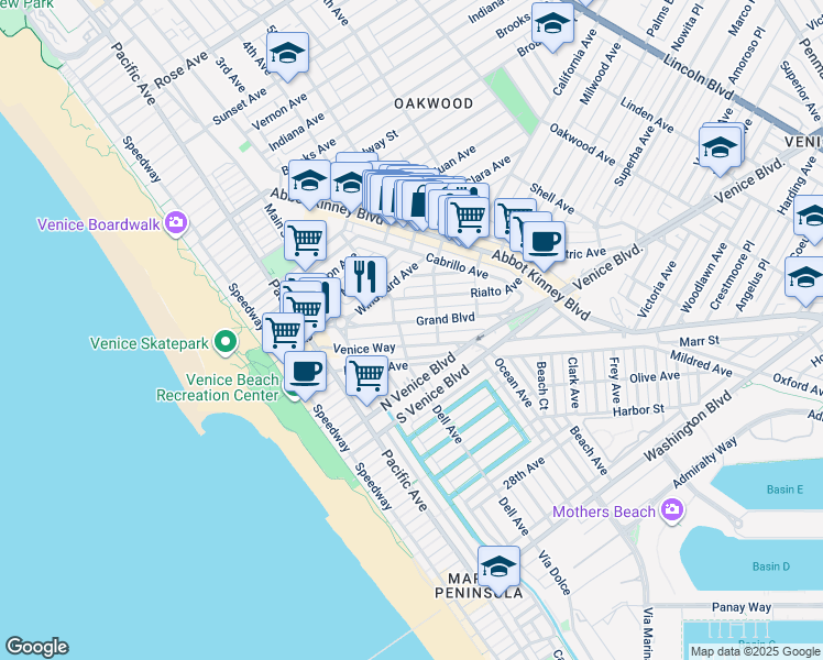 map of restaurants, bars, coffee shops, grocery stores, and more near 414 Grand Boulevard in Los Angeles