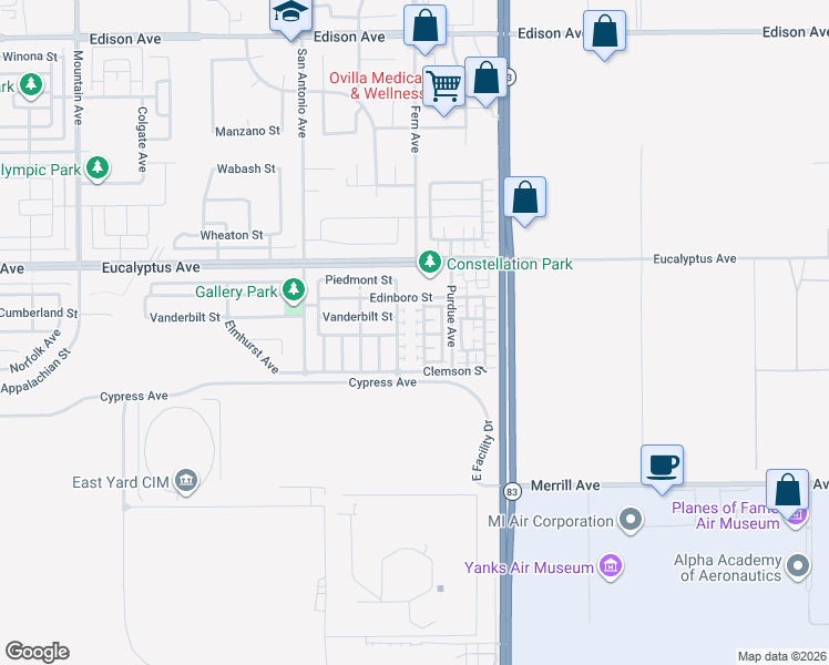 map of restaurants, bars, coffee shops, grocery stores, and more near 14576 Manchester Avenue in Chino