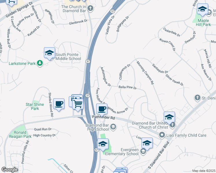 map of restaurants, bars, coffee shops, grocery stores, and more near 1779 Autumnglow Drive in Diamond Bar
