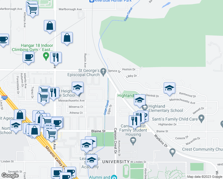 map of restaurants, bars, coffee shops, grocery stores, and more near 836 Kentwood Drive in Riverside