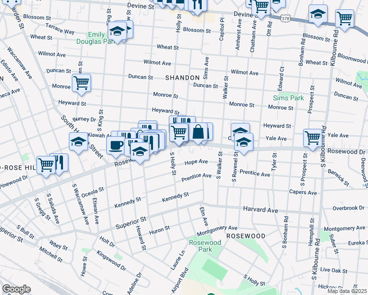 map of restaurants, bars, coffee shops, grocery stores, and more near 2917 Rosewood Drive in Columbia