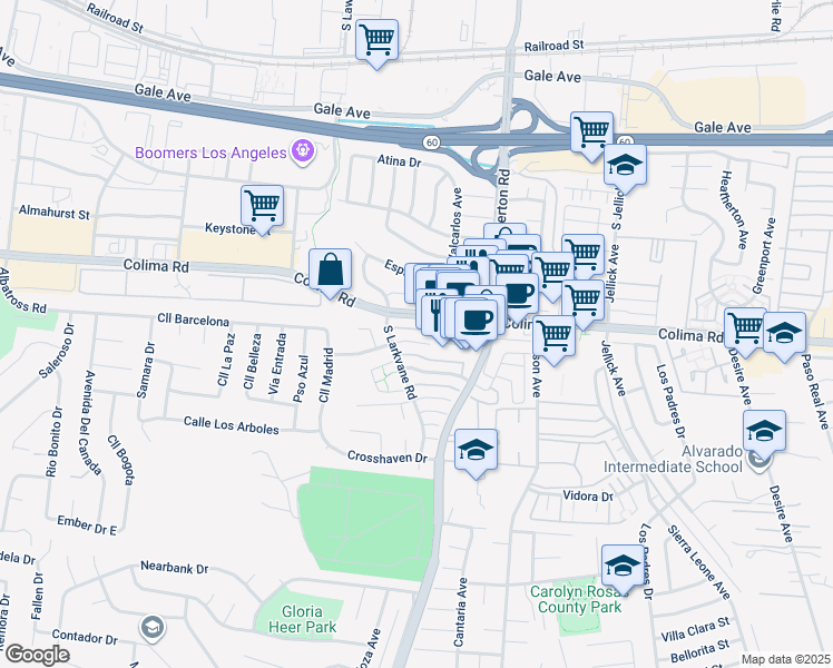map of restaurants, bars, coffee shops, grocery stores, and more near 18125 Vía Amorosa in Rowland Heights