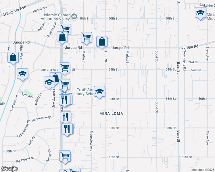map of restaurants, bars, coffee shops, grocery stores, and more near 5506 Troth Street in Jurupa Valley