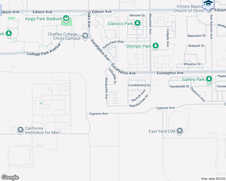 map of restaurants, bars, coffee shops, grocery stores, and more near 6095 Grace Street in Chino