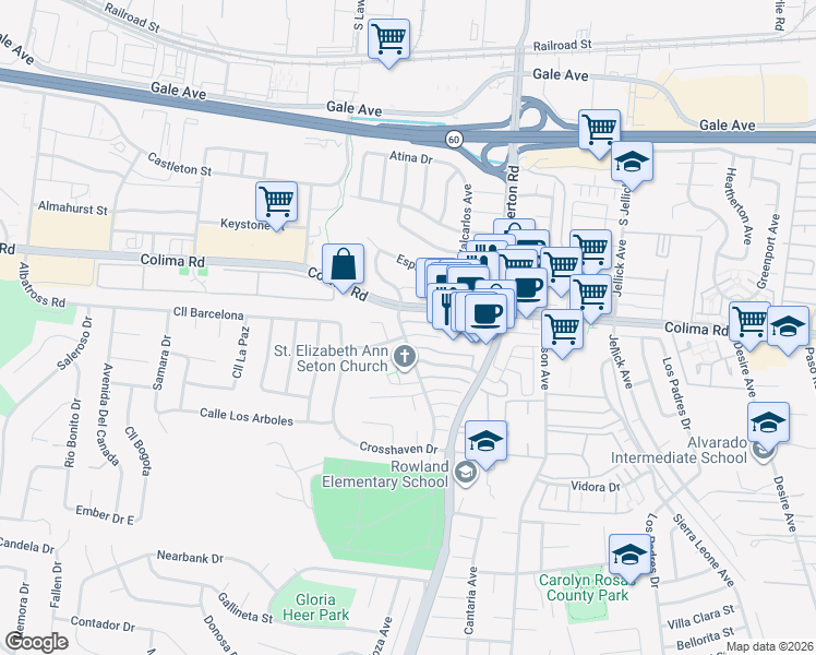 map of restaurants, bars, coffee shops, grocery stores, and more near 18101 Vía Amorosa in Rowland Heights