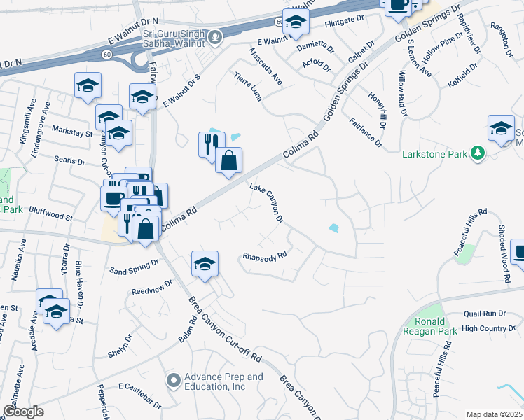 map of restaurants, bars, coffee shops, grocery stores, and more near 20165 Lake Canyon Drive in Walnut