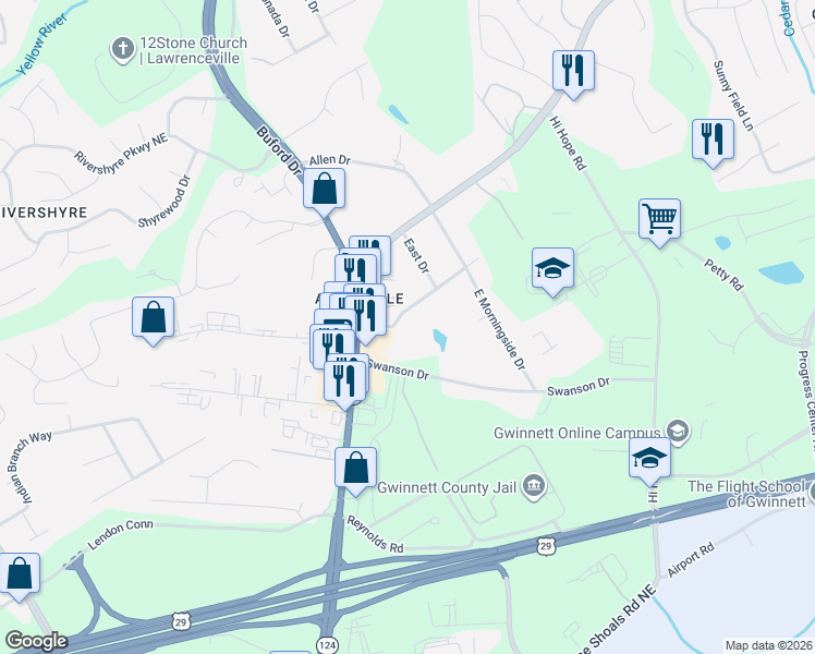 map of restaurants, bars, coffee shops, grocery stores, and more near 515 Morningside Drive in Lawrenceville