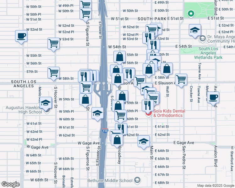 map of restaurants, bars, coffee shops, grocery stores, and more near 5840 South Broadway in Los Angeles