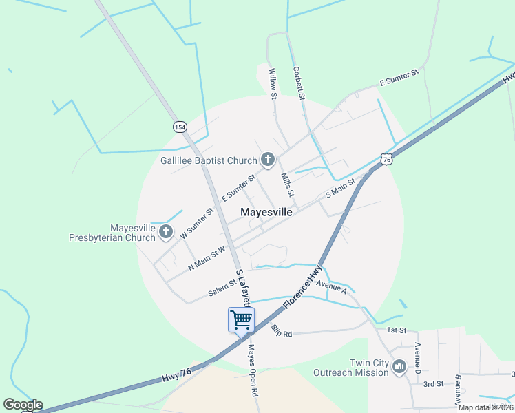 map of restaurants, bars, coffee shops, grocery stores, and more near 18 Congress Street in Mayesville