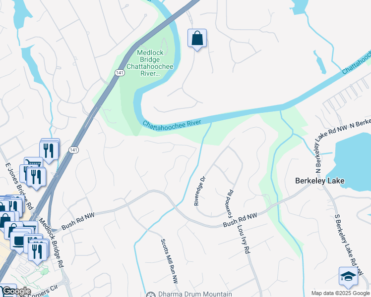 map of restaurants, bars, coffee shops, grocery stores, and more near 3845 River Hollow Run in Duluth