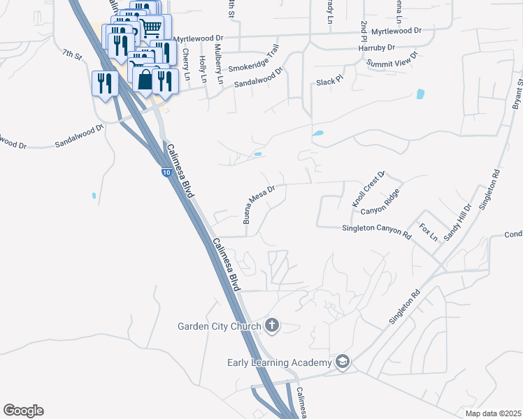 map of restaurants, bars, coffee shops, grocery stores, and more near 35130 Mesa Grande Drive in Calimesa