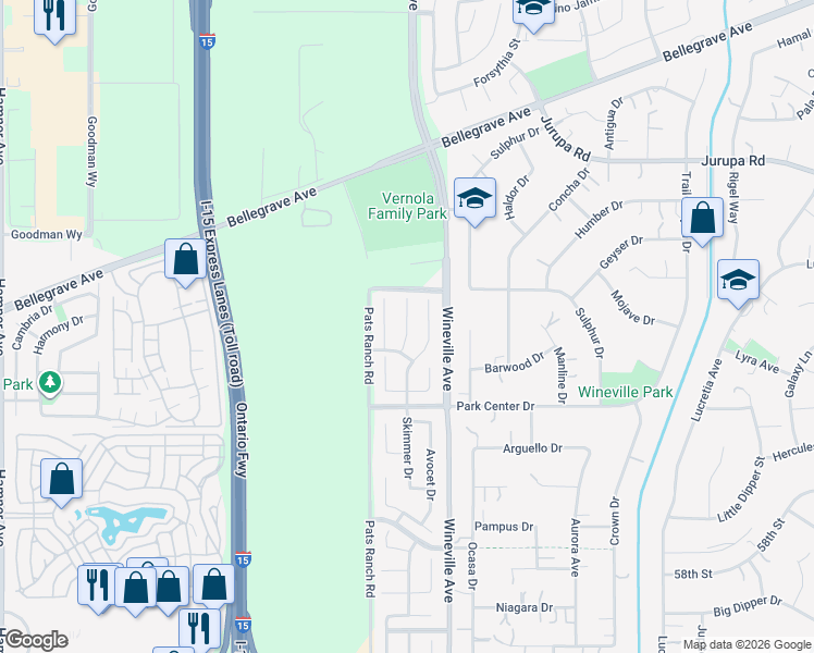 map of restaurants, bars, coffee shops, grocery stores, and more near Fulmer Court in Jurupa Valley
