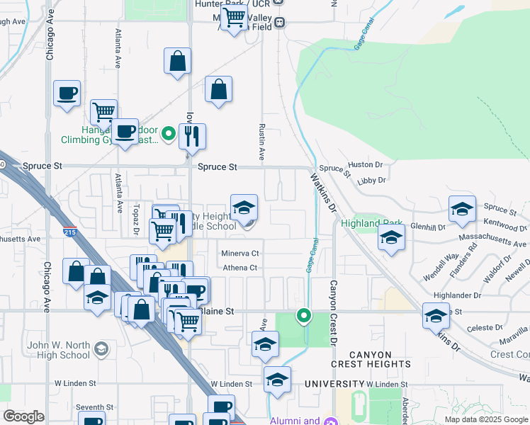 map of restaurants, bars, coffee shops, grocery stores, and more near 2705 Baltic Avenue in Riverside