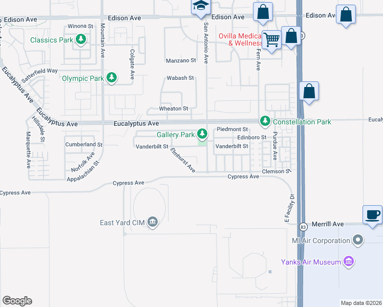 map of restaurants, bars, coffee shops, grocery stores, and more near 6640 Biola Street in Chino