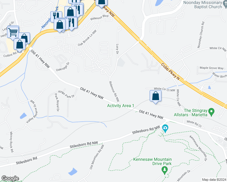 map of restaurants, bars, coffee shops, grocery stores, and more near 1425 Ridenour Road in Kennesaw