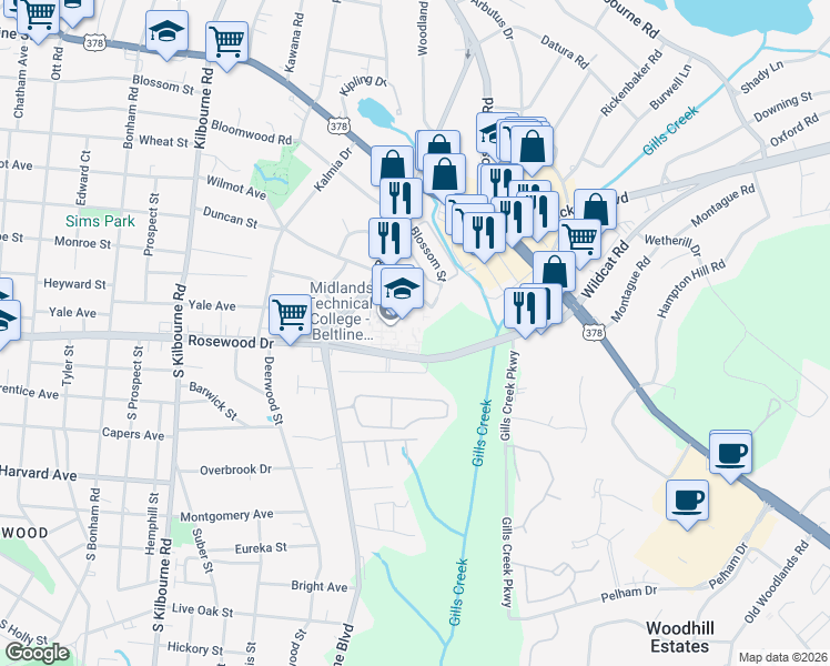 map of restaurants, bars, coffee shops, grocery stores, and more near 316 South Beltline Boulevard in Columbia