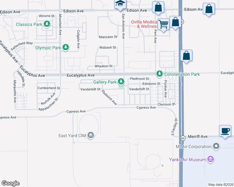 map of restaurants, bars, coffee shops, grocery stores, and more near 6656 Biola Street in Chino