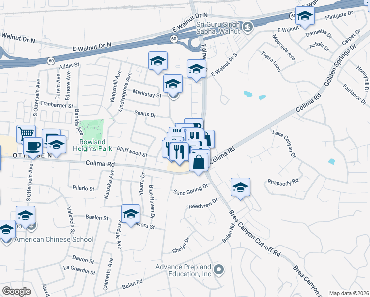 map of restaurants, bars, coffee shops, grocery stores, and more near 1515 Brea Canyon Cut-off Road in Rowland Heights