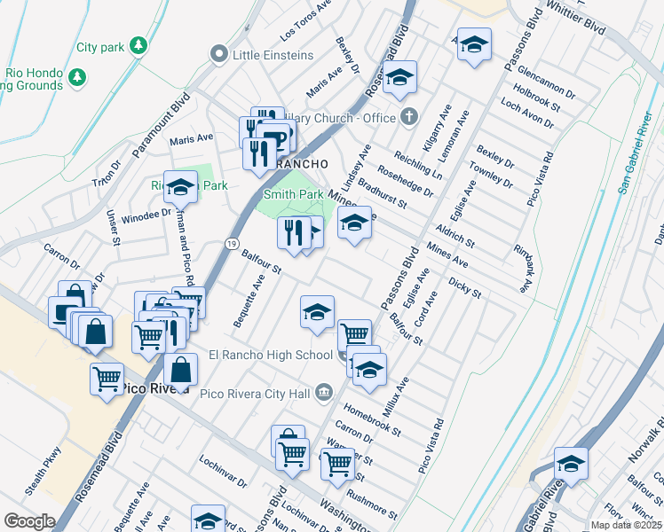 map of restaurants, bars, coffee shops, grocery stores, and more near 9217 Coolhurst Drive in Pico Rivera