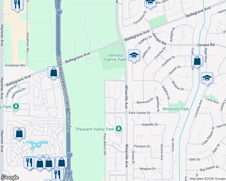 map of restaurants, bars, coffee shops, grocery stores, and more near 5365 Fulmer Court in Jurupa Valley