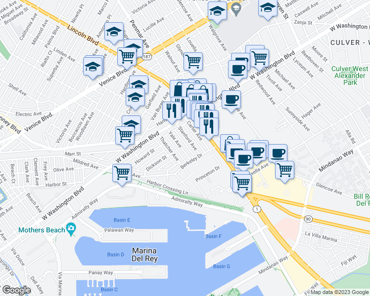 map of restaurants, bars, coffee shops, grocery stores, and more near 3108 Yale Avenue in Marina del Rey
