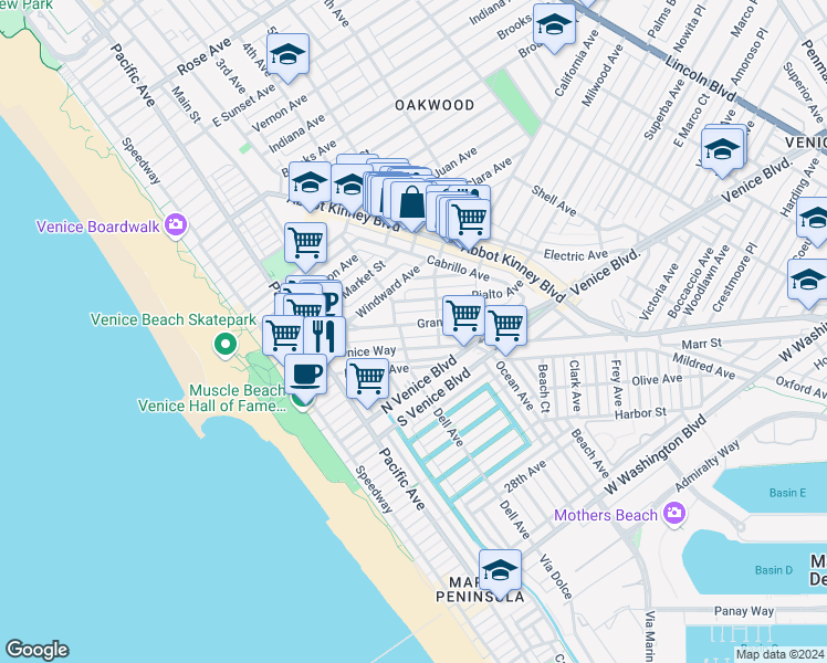 map of restaurants, bars, coffee shops, grocery stores, and more near 414 Grand Boulevard in Los Angeles
