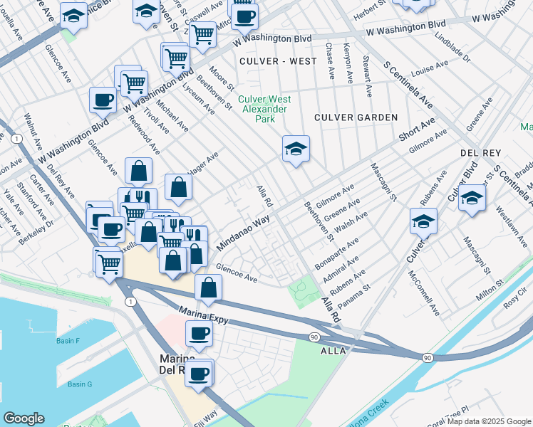 map of restaurants, bars, coffee shops, grocery stores, and more near in Los Angeles