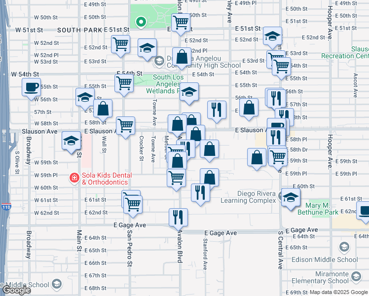 map of restaurants, bars, coffee shops, grocery stores, and more near 5850 South Avalon Boulevard in Los Angeles