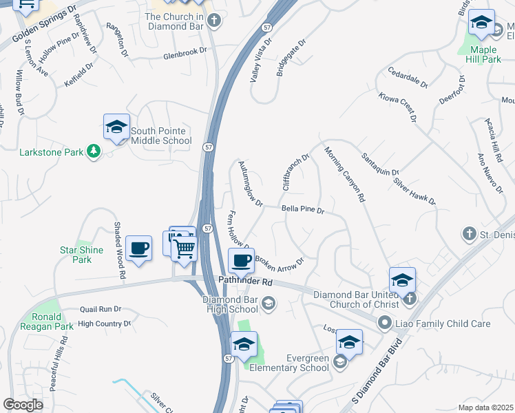 map of restaurants, bars, coffee shops, grocery stores, and more near 1779 Autumnglow Drive in Diamond Bar