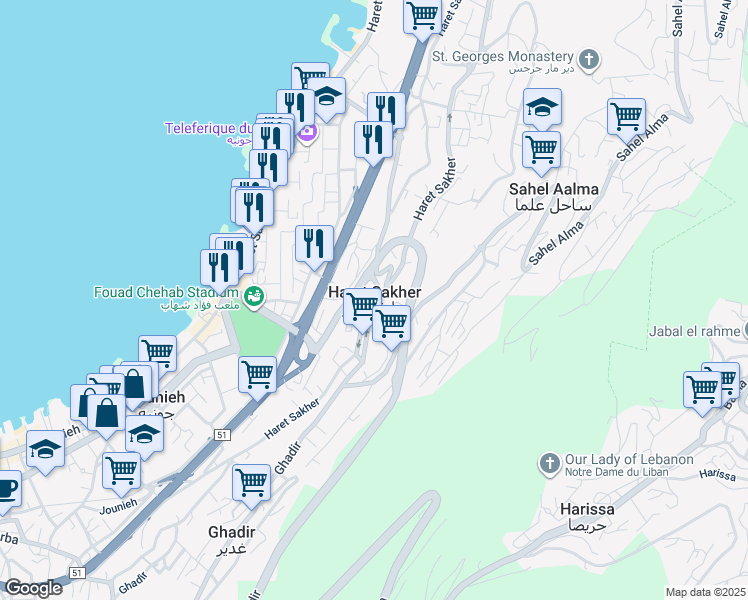 map of restaurants, bars, coffee shops, grocery stores, and more near in Haret Sakher