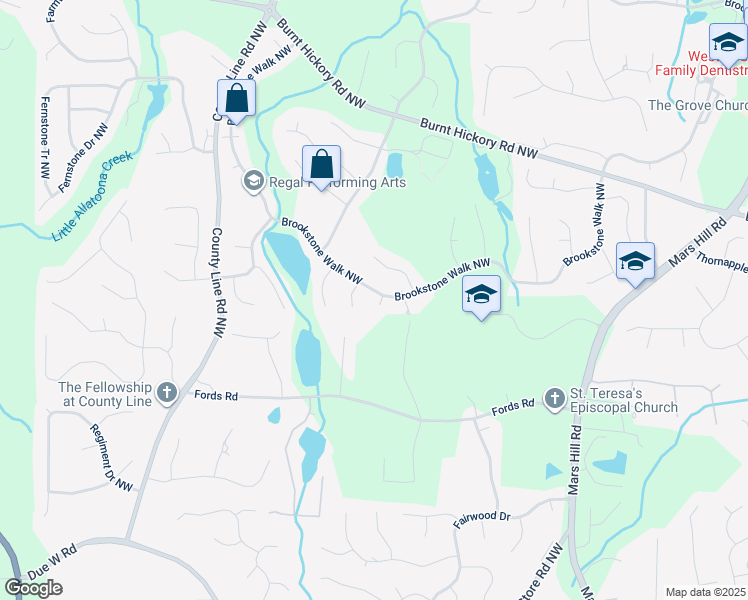 map of restaurants, bars, coffee shops, grocery stores, and more near 1363 Downington Circle Northwest in Acworth