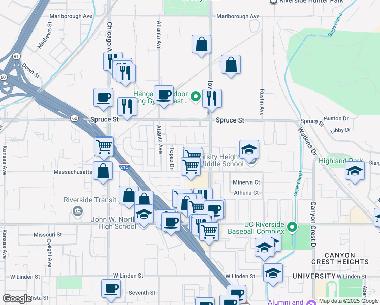 map of restaurants, bars, coffee shops, grocery stores, and more near 2621 Turquoise Street in Riverside