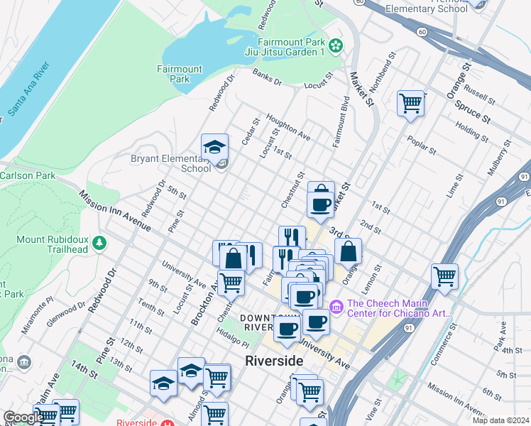 map of restaurants, bars, coffee shops, grocery stores, and more near 3361 Brockton Avenue in Riverside