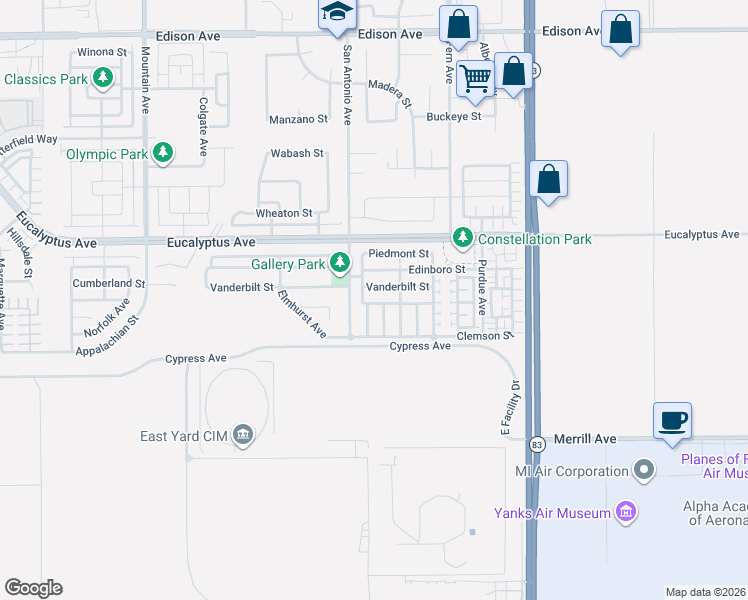 map of restaurants, bars, coffee shops, grocery stores, and more near 6778 Vanderbilt Street in Chino