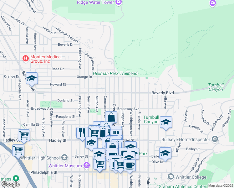 map of restaurants, bars, coffee shops, grocery stores, and more near 5847 Bright Avenue in Whittier