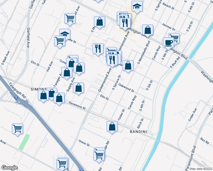 map of restaurants, bars, coffee shops, grocery stores, and more near 1321 Greenwood Avenue in Montebello