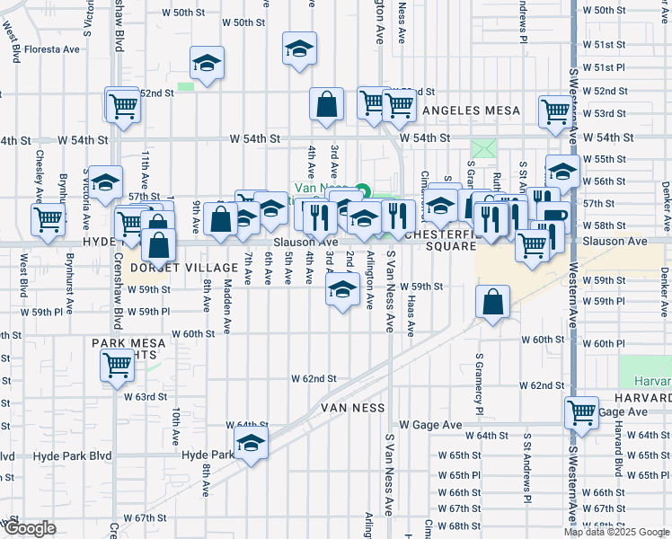 map of restaurants, bars, coffee shops, grocery stores, and more near 5821 2nd Avenue in Los Angeles