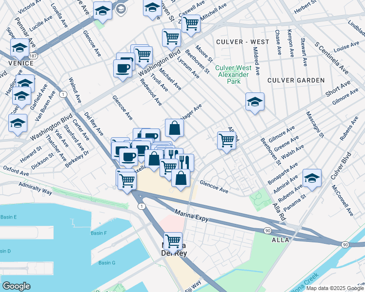 map of restaurants, bars, coffee shops, grocery stores, and more near 4241 Redwood Avenue in Los Angeles