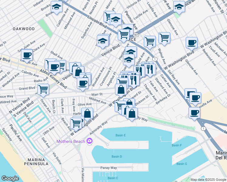 map of restaurants, bars, coffee shops, grocery stores, and more near in Los Angeles