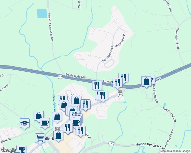 map of restaurants, bars, coffee shops, grocery stores, and more near 3020 Starling Dr SW in Shallotte