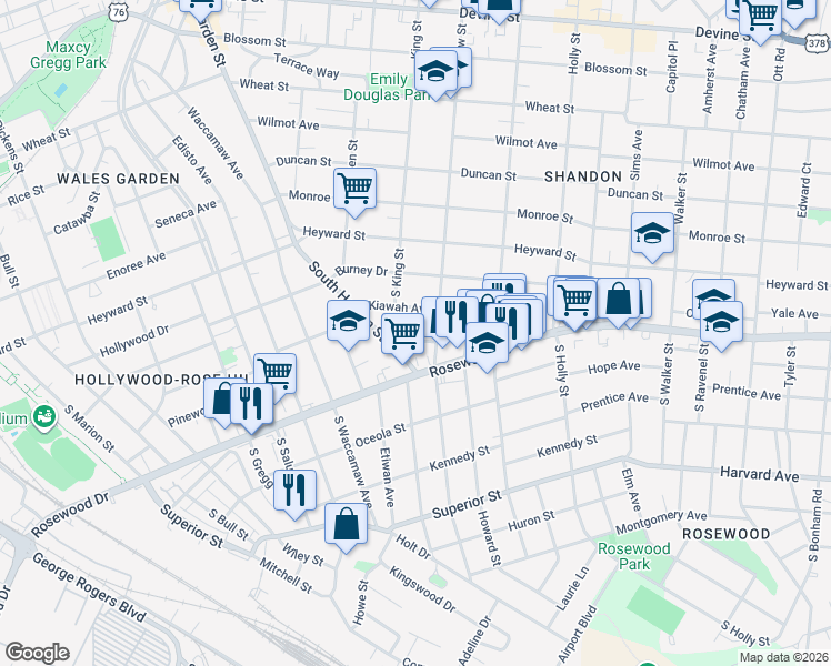 map of restaurants, bars, coffee shops, grocery stores, and more near 2612 Kiawah Avenue in Columbia