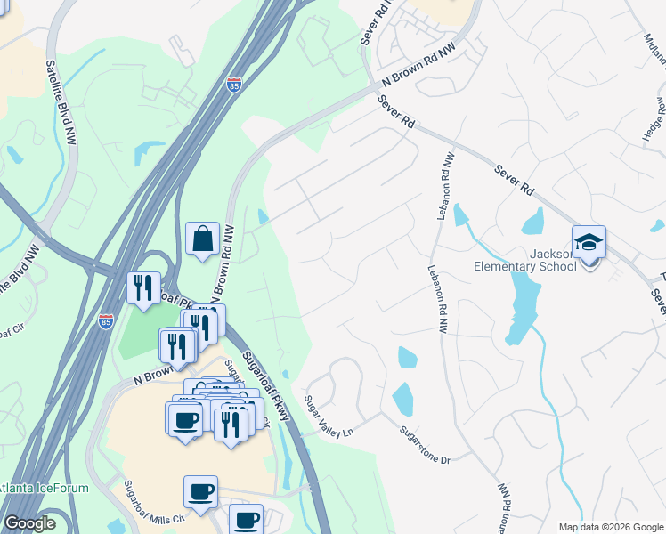 map of restaurants, bars, coffee shops, grocery stores, and more near 1740 Potomac Court in Lawrenceville