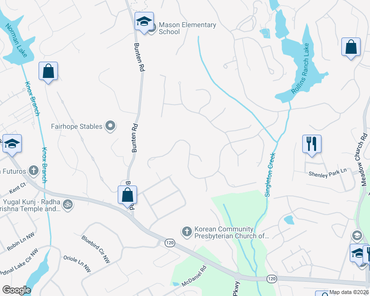 map of restaurants, bars, coffee shops, grocery stores, and more near 2734 Thurleston Lane in Duluth