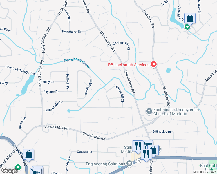 map of restaurants, bars, coffee shops, grocery stores, and more near 1519 Brookcliff Circle in Marietta