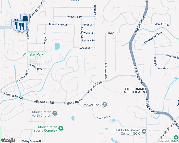 map of restaurants, bars, coffee shops, grocery stores, and more near 1381 Sheffield Parkway in Marietta