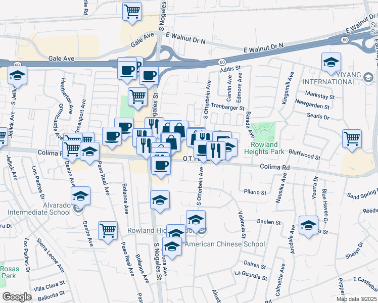map of restaurants, bars, coffee shops, grocery stores, and more near 19119 Colima Road in Rowland Heights