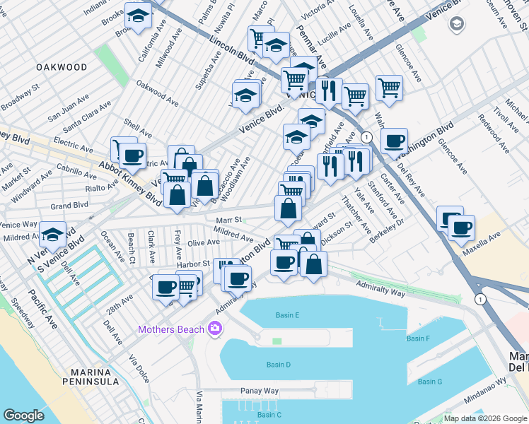 map of restaurants, bars, coffee shops, grocery stores, and more near in Los Angeles