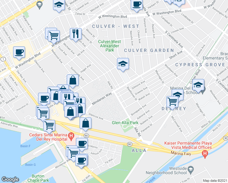 map of restaurants, bars, coffee shops, grocery stores, and more near Mindanao Way & Alla Rd in Marina Del Rey